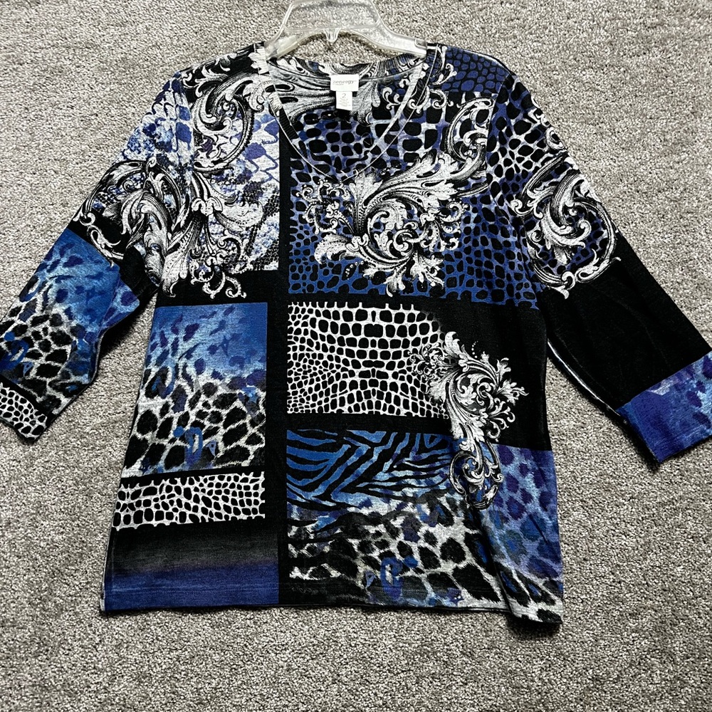 Zenergy by Chicos Woman’s Blue Black 3/4 Sleeve Sweater Lightweight Sz 2 Large